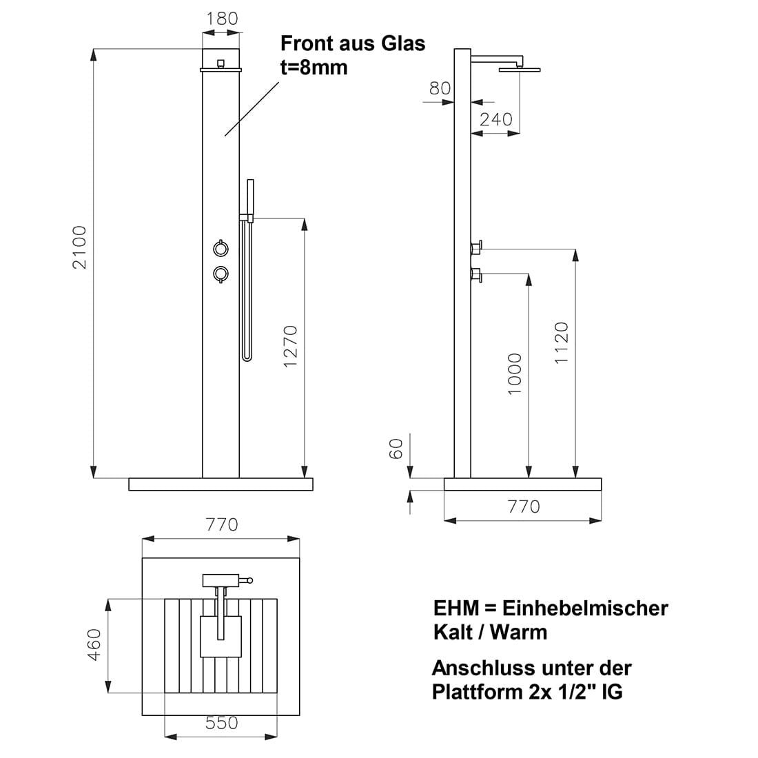 Ideal Kuba Gartendusche Warmwasser Edelstahl/WPC/Glas