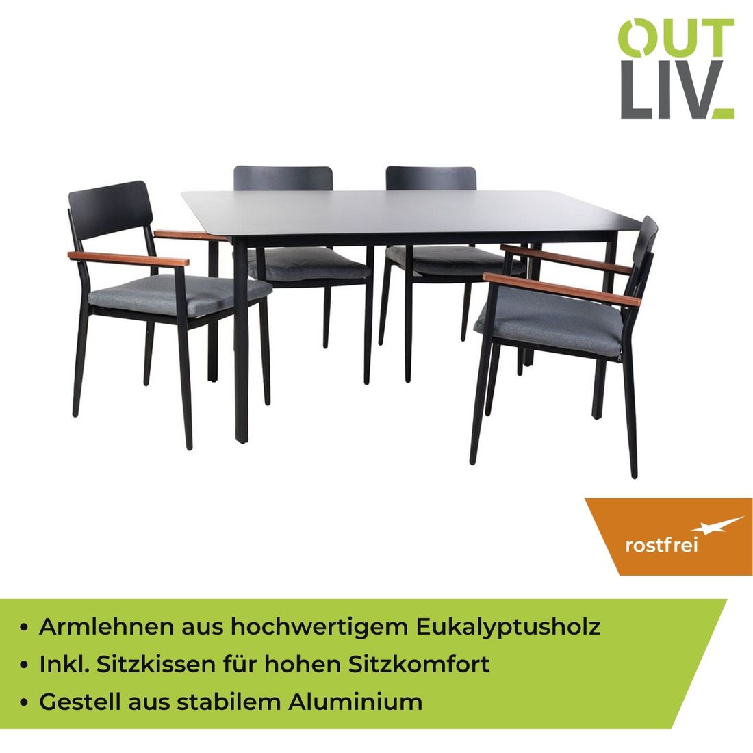OUTLIV. Lorenzo Gartenmöbel-Set M (4 Plätze) Tisch 160x90cm