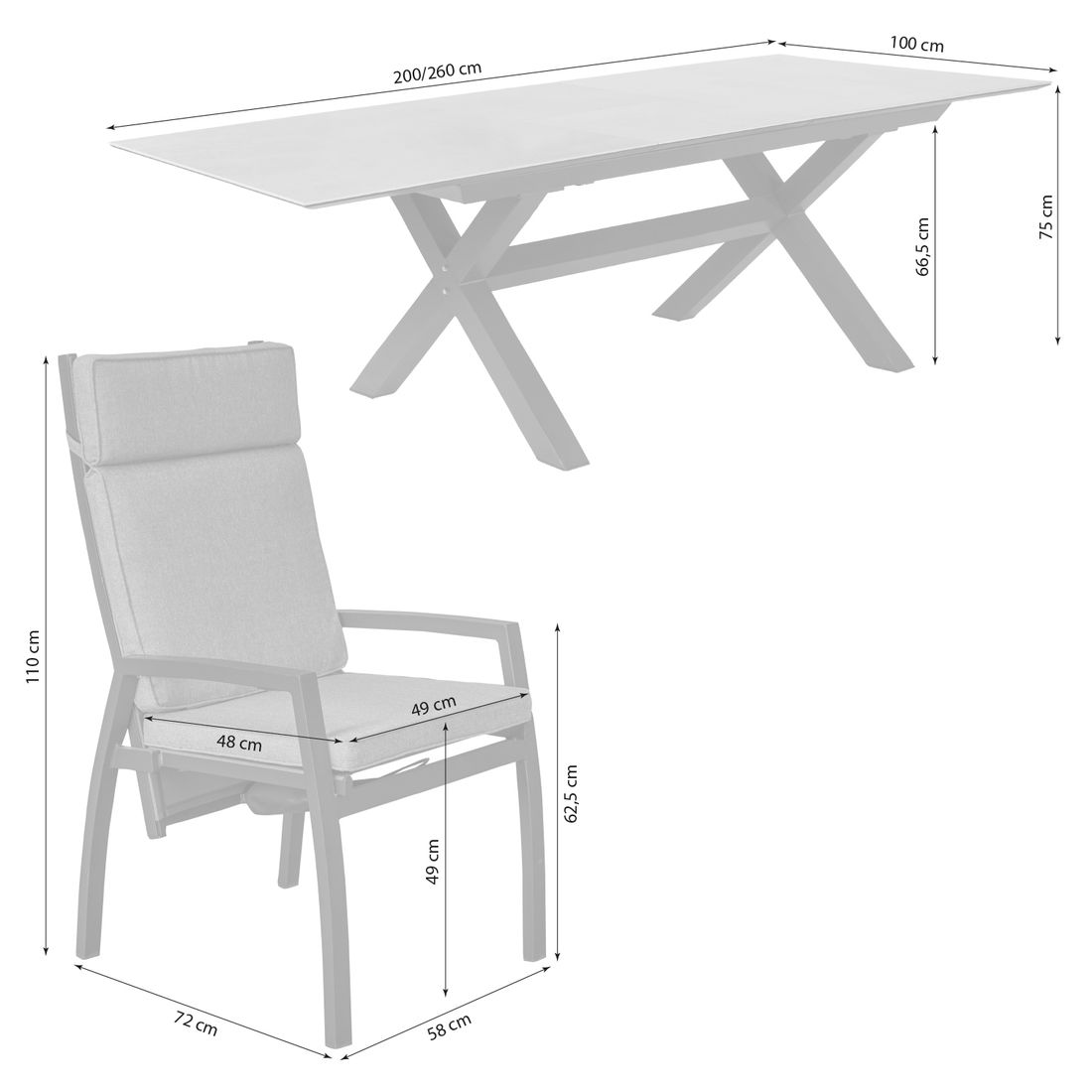 LC Garden Sondrino Gartenmöbel-Set L verstellbar (6 Plätze) Tisch 200/260x100cm