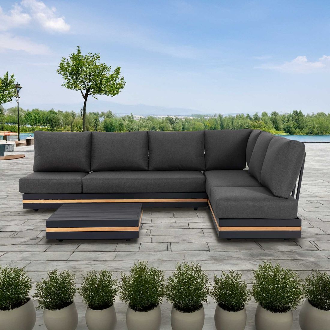 OUTLIV. Triest Ecklounge inkl. Loungetisch Aluminium/Teak/Spunpolyester
