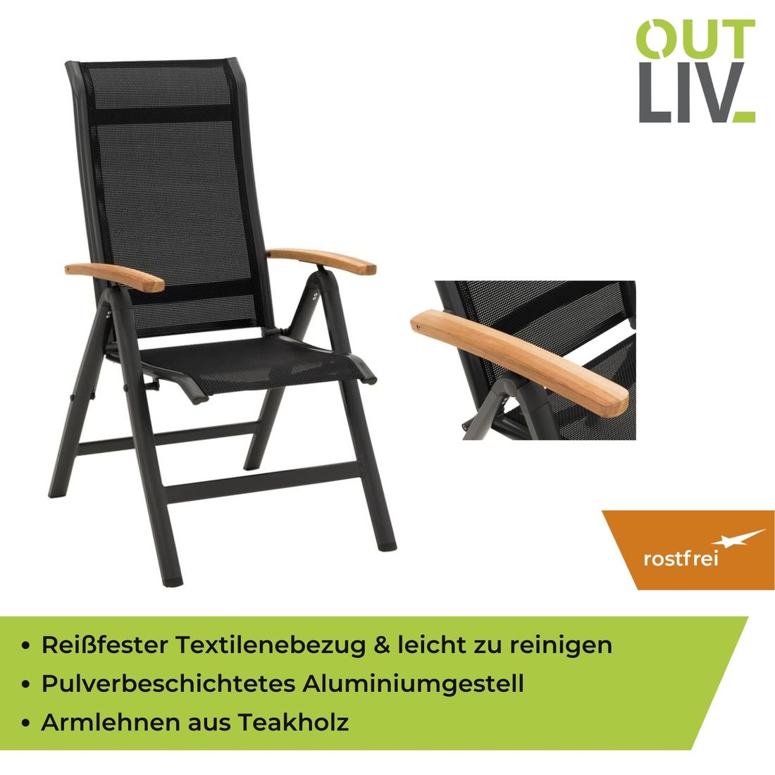 OUTLIV. Alpha Klappsessel Aluminium/Textilene Teakarmlehnen