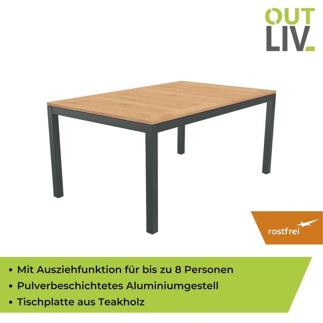 OUTLIV. Alpha Ausziehtisch 150/210x90cm Aluminium/Teak