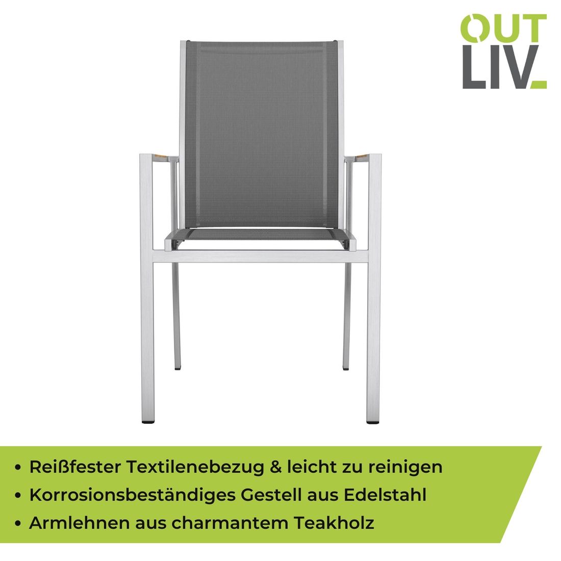 OUTLIV. Oviedo Stapelsessel Edelstahl/Textilene mit Teakarmlehnen