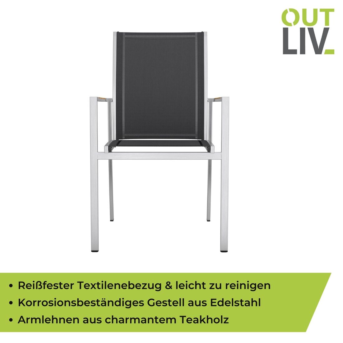 OUTLIV. Oviedo Stapelsessel Edelstahl/Textilene mit Teakarmlehnen
