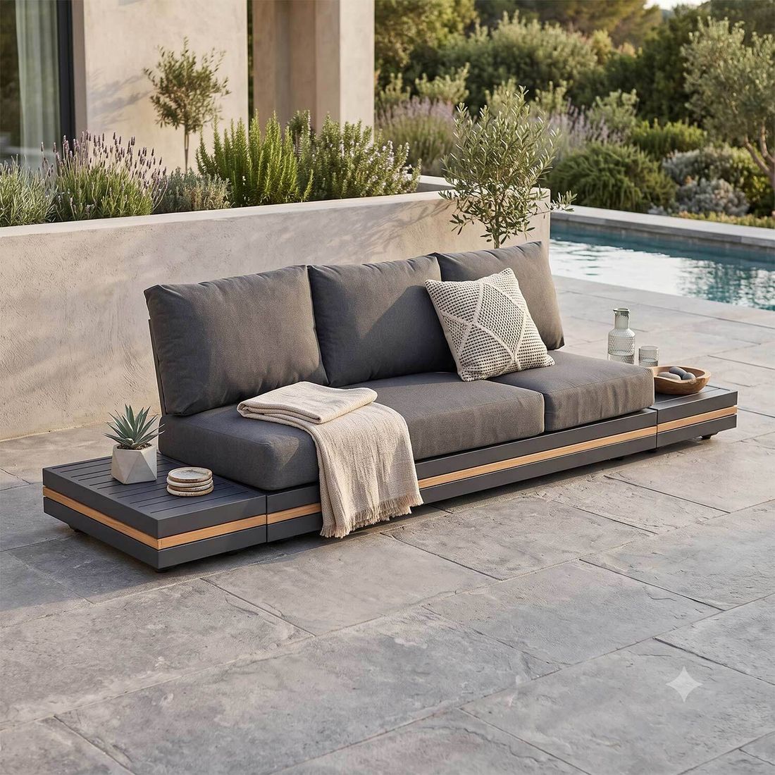 OUTLIV. Triest Gartenloungesofa inkl. Beistelltische Aluminium/Teak/Kunstfaser