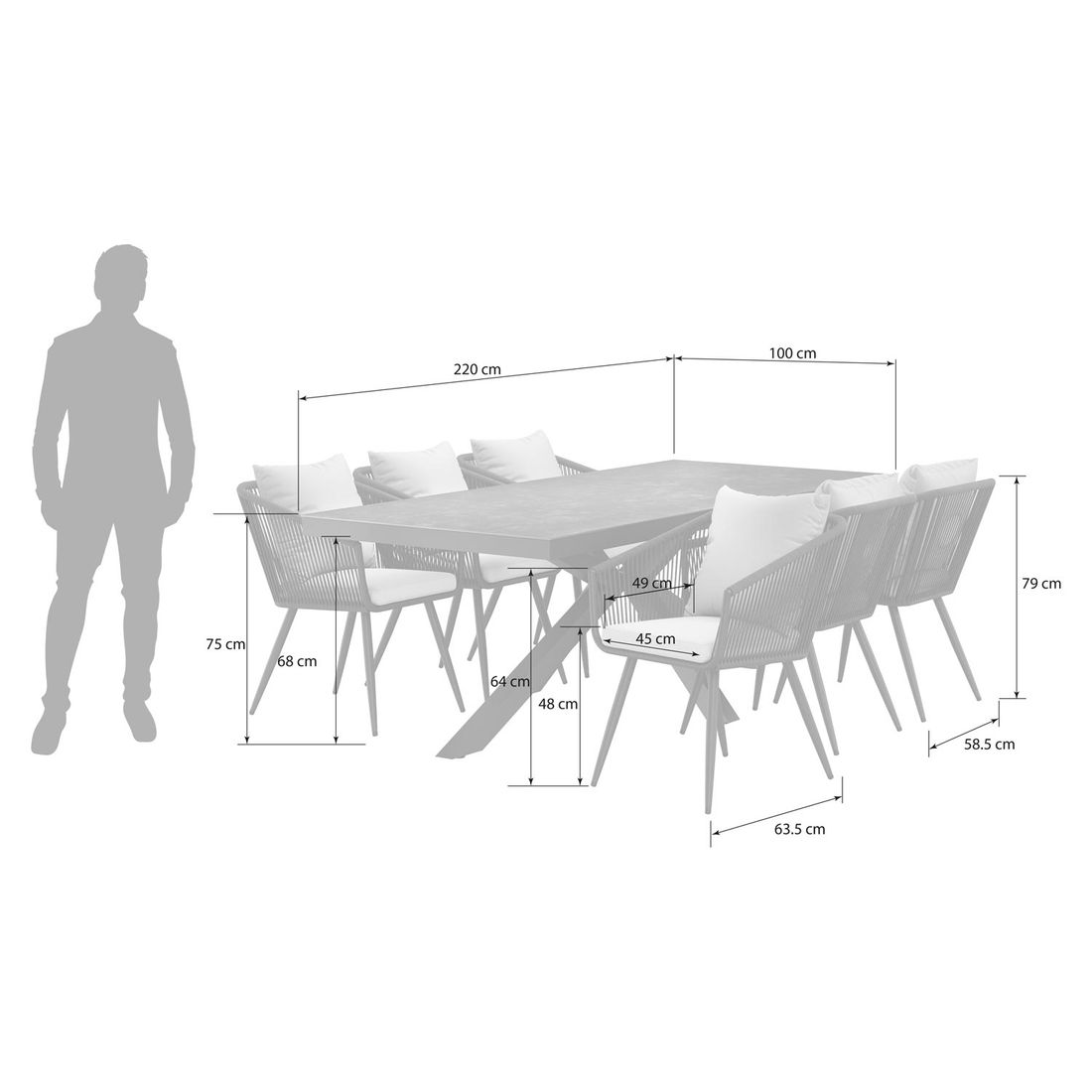 OUTLIV. Alex Gartenmöbel-Set L (6 Plätze) Tisch 220x100cm X-Form