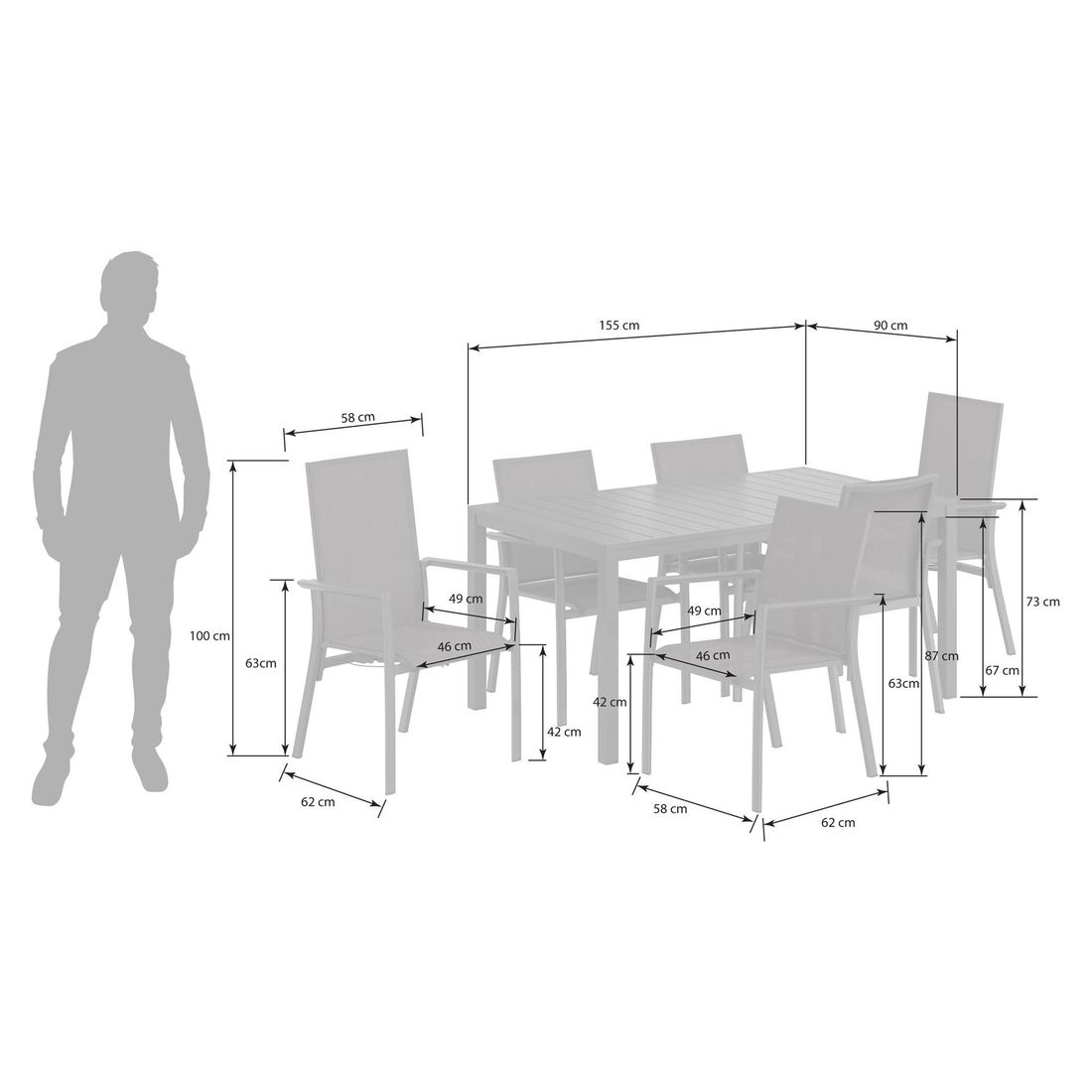 OUTLIV. Lucca Gartenmöbel-Set L verstellbar (6 Plätze) Tisch 155x90cm