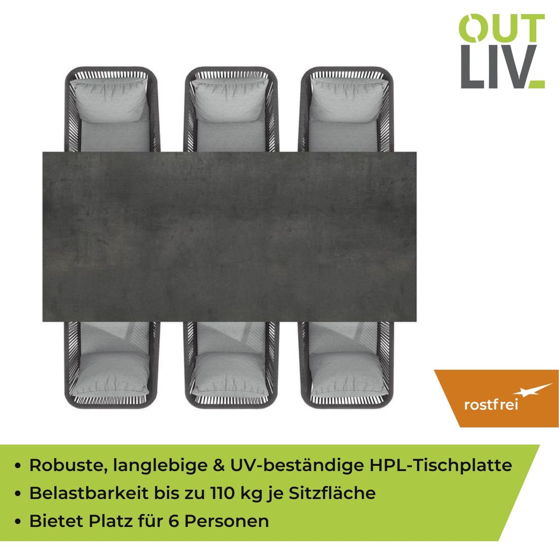OUTLIV. Alex Gartenmöbel-Set L (6 Plätze) Tisch 220x100cm