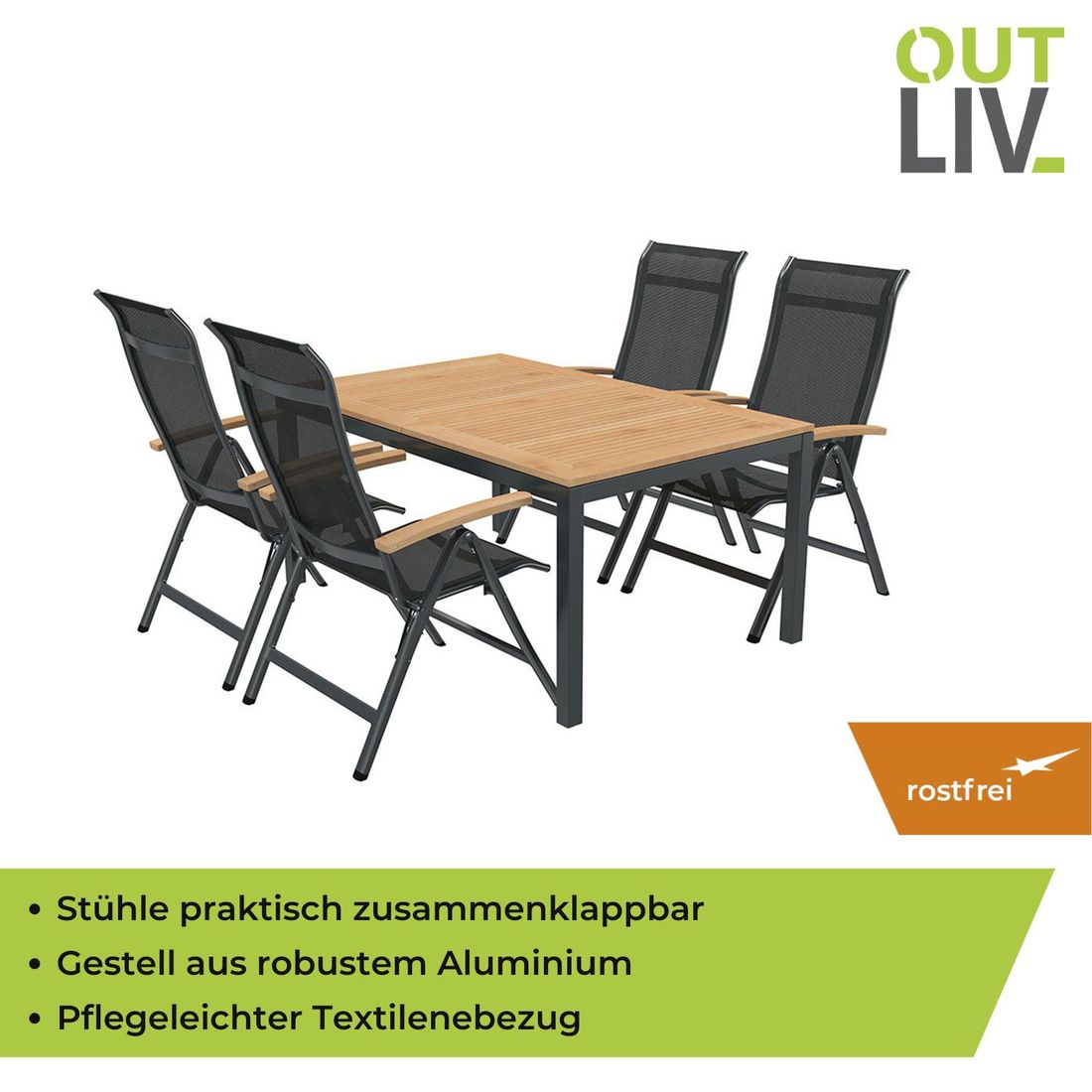 OUTLIV. Alpha Gartenmöbel-Set M verstellbar (4 Plätze) Tisch 150/210x90cm