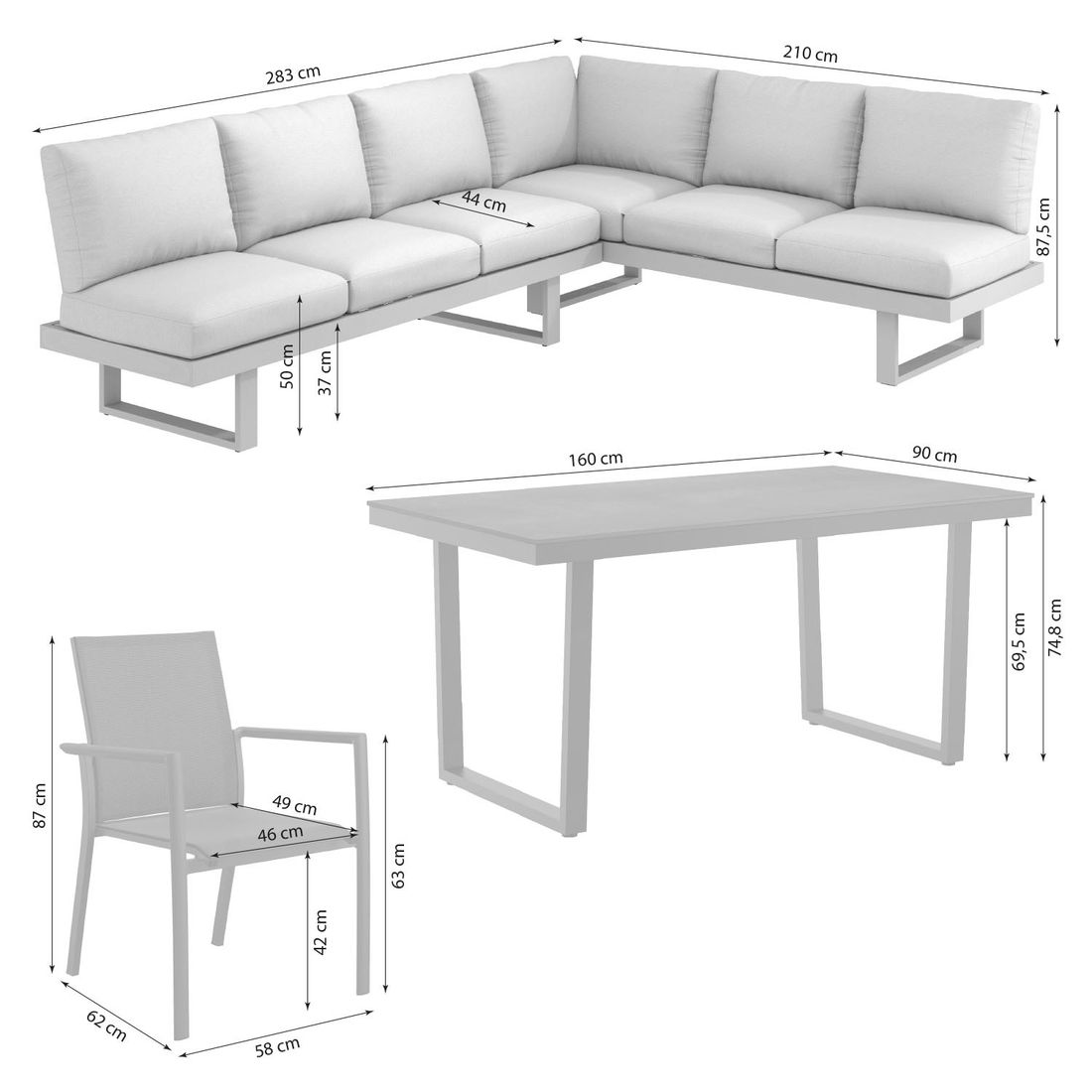 OUTLIV. Atlanta Dininglounge verstellbar Tisch 160x90cm Aluminium/Olefin