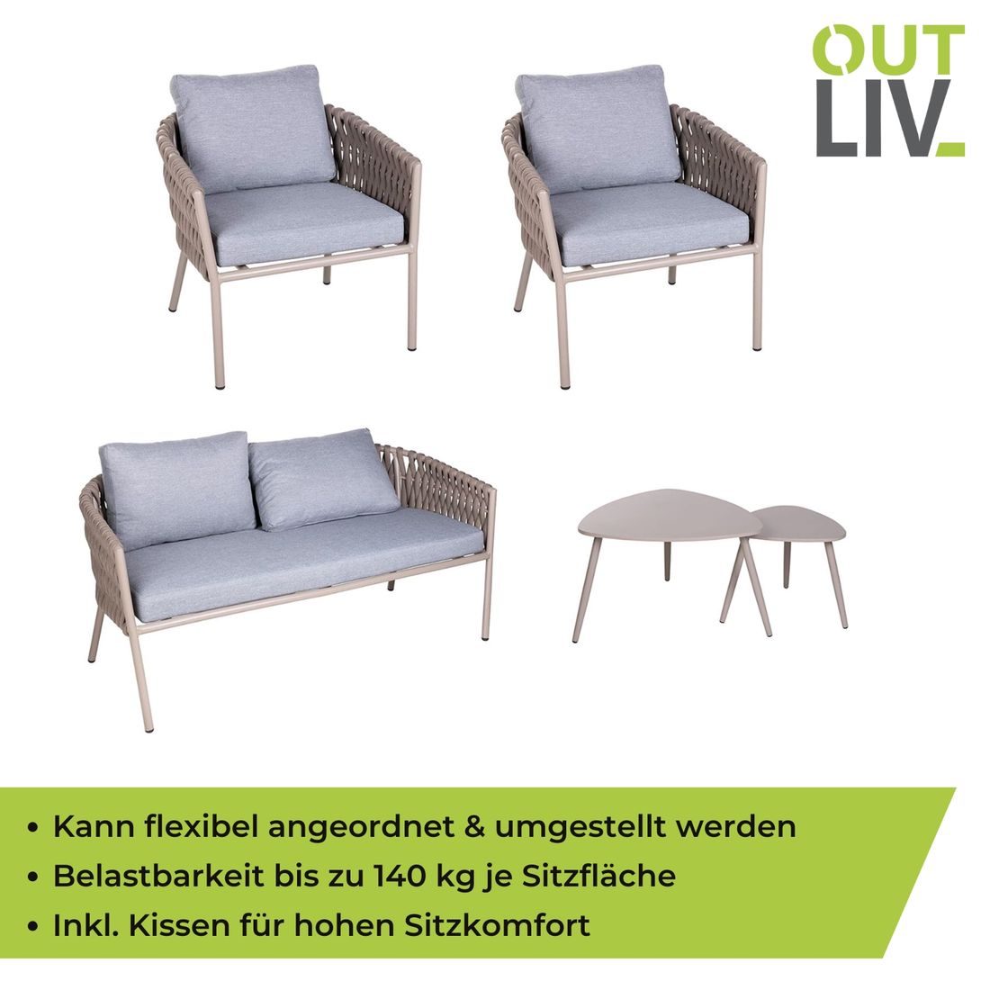 OUTLIV. Loungeset inkl. Loungetisch Stahl/Kunstfaser