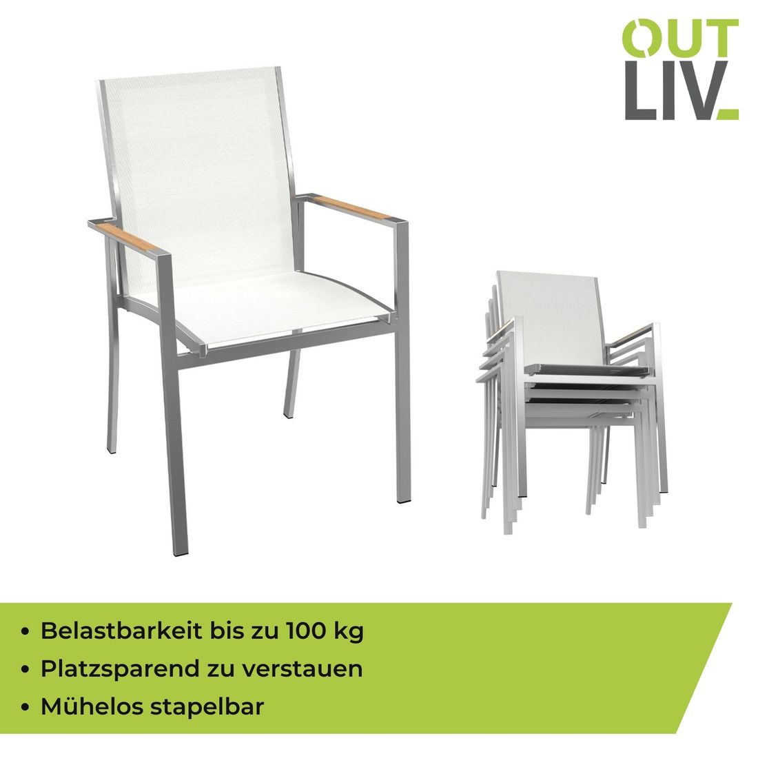 OUTLIV. Oviedo Stapelsessel Edelstahl/Textilene mit Teakarmlehnen