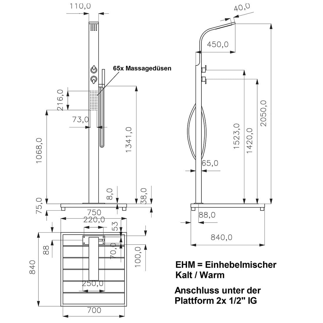 Ideal Helena Gartendusche Warmwasser Edelstahl/WPC