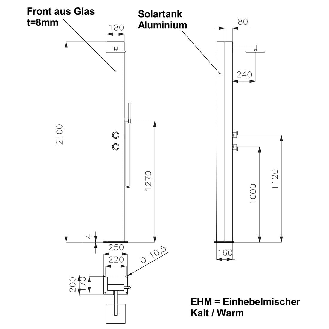 Ideal Kuba Garten Solardusche Edelstahl/Glas