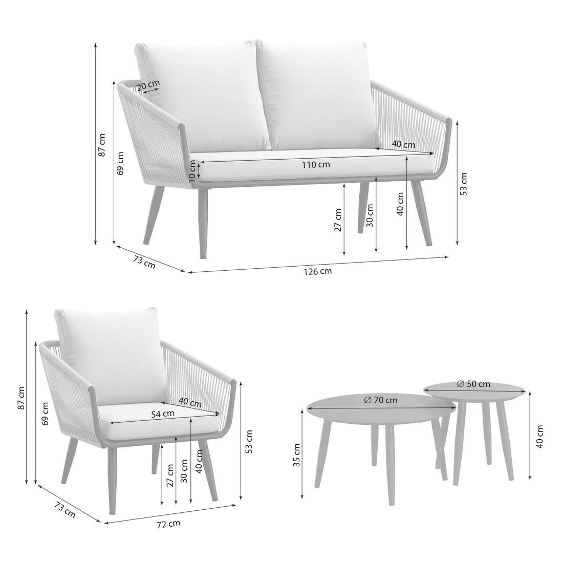 OUTLIV. Alex Loungeset inkl. Loungetische Aluminium/Rope/Olefin