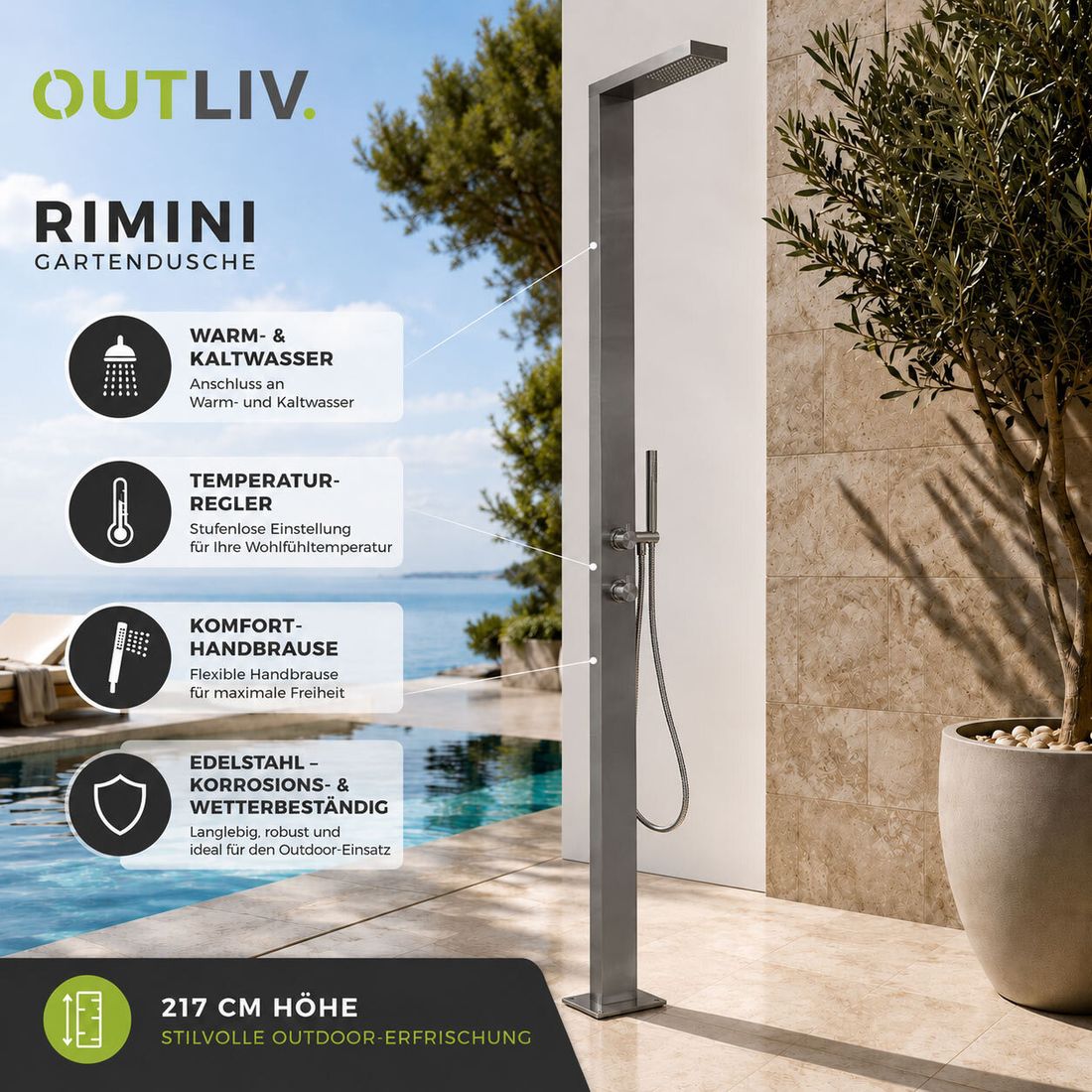 OUTLIV. Rimini Gartendusche Warmwasser Edelstahl
