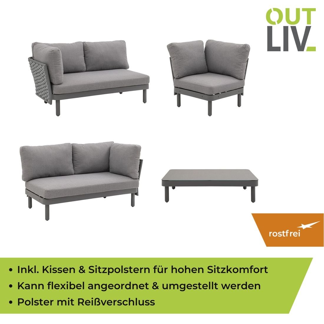 OUTLIV. Leon Ecklounge inkl. Loungetisch Aluminium/Rope/Acryl