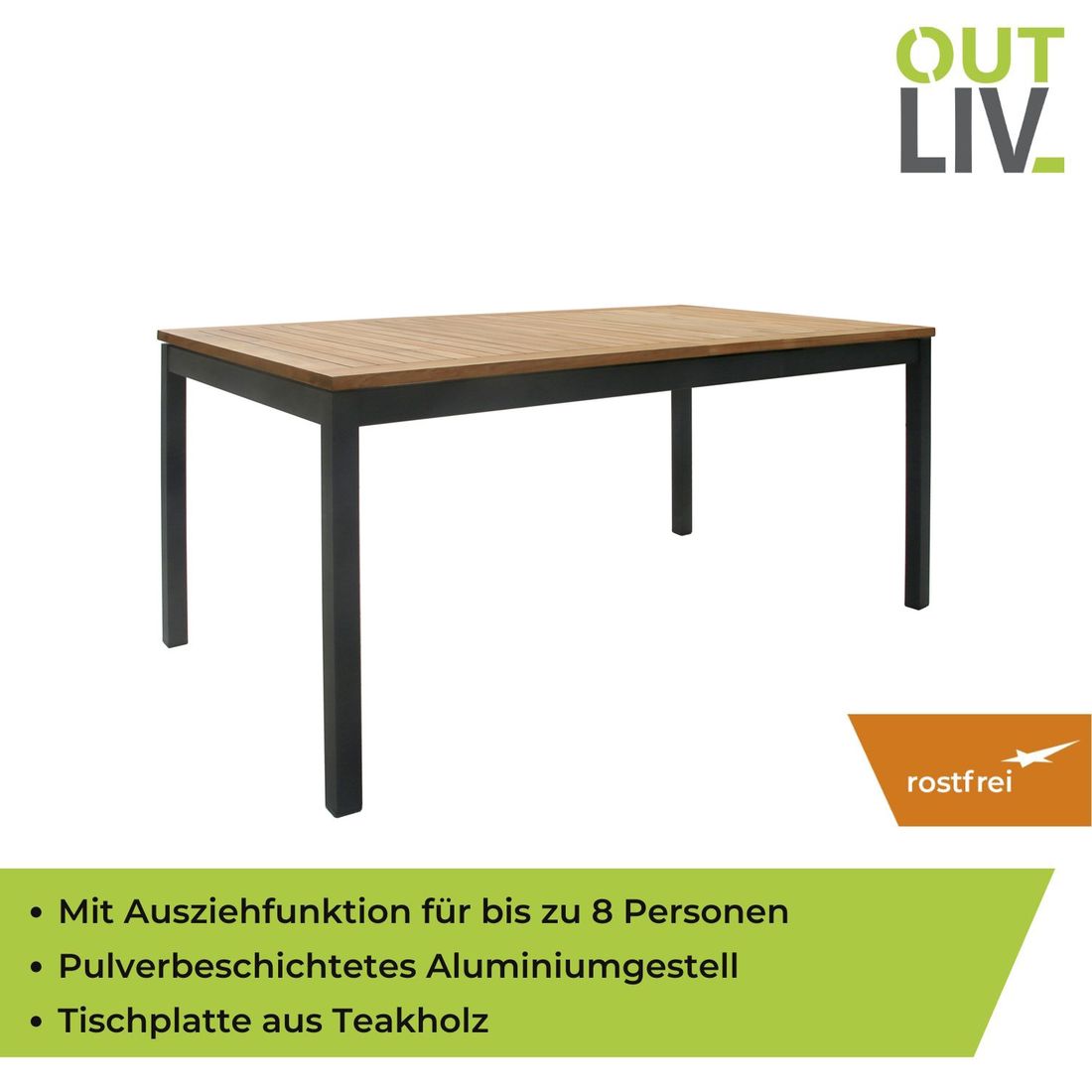 OUTLIV. Alpha Ausziehtisch 150/210x90cm Aluminium/Teak
