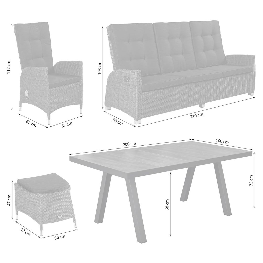 LC Garden Barcelona Gartenmöbel-Set L verstellbar (7 Plätze) Tisch 200x100cm