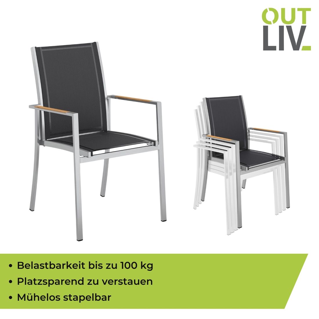 OUTLIV. Oviedo Stapelsessel Edelstahl/Textilene mit Teakarmlehnen