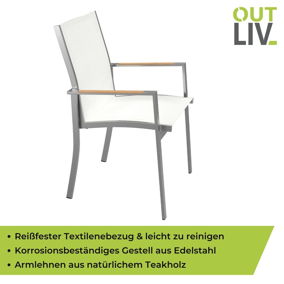 OUTLIV. Oviedo Stapelsessel Edelstahl/Textilene mit Teakarmlehnen