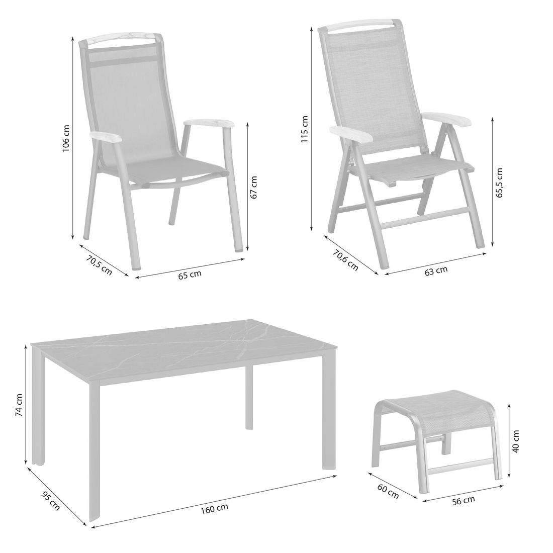 Kettler Memphis Gartenmöbel-Set M verstellbar (4 Plätze) Tisch 160x95cm