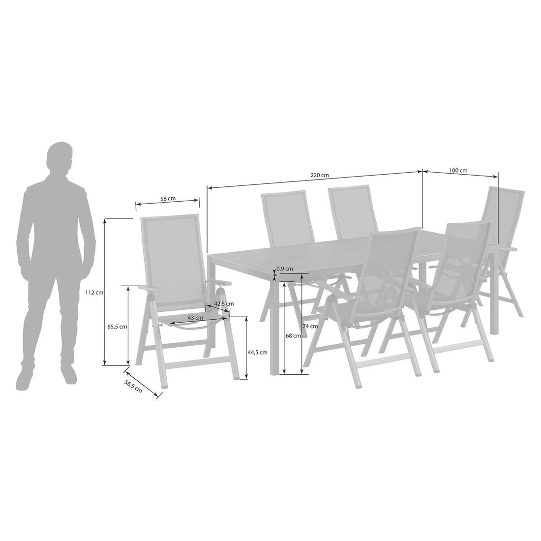 OUTLIV. Jacob Gartenmöbel-Set L verstellbar (6 Plätze) Tisch 220x100cm
