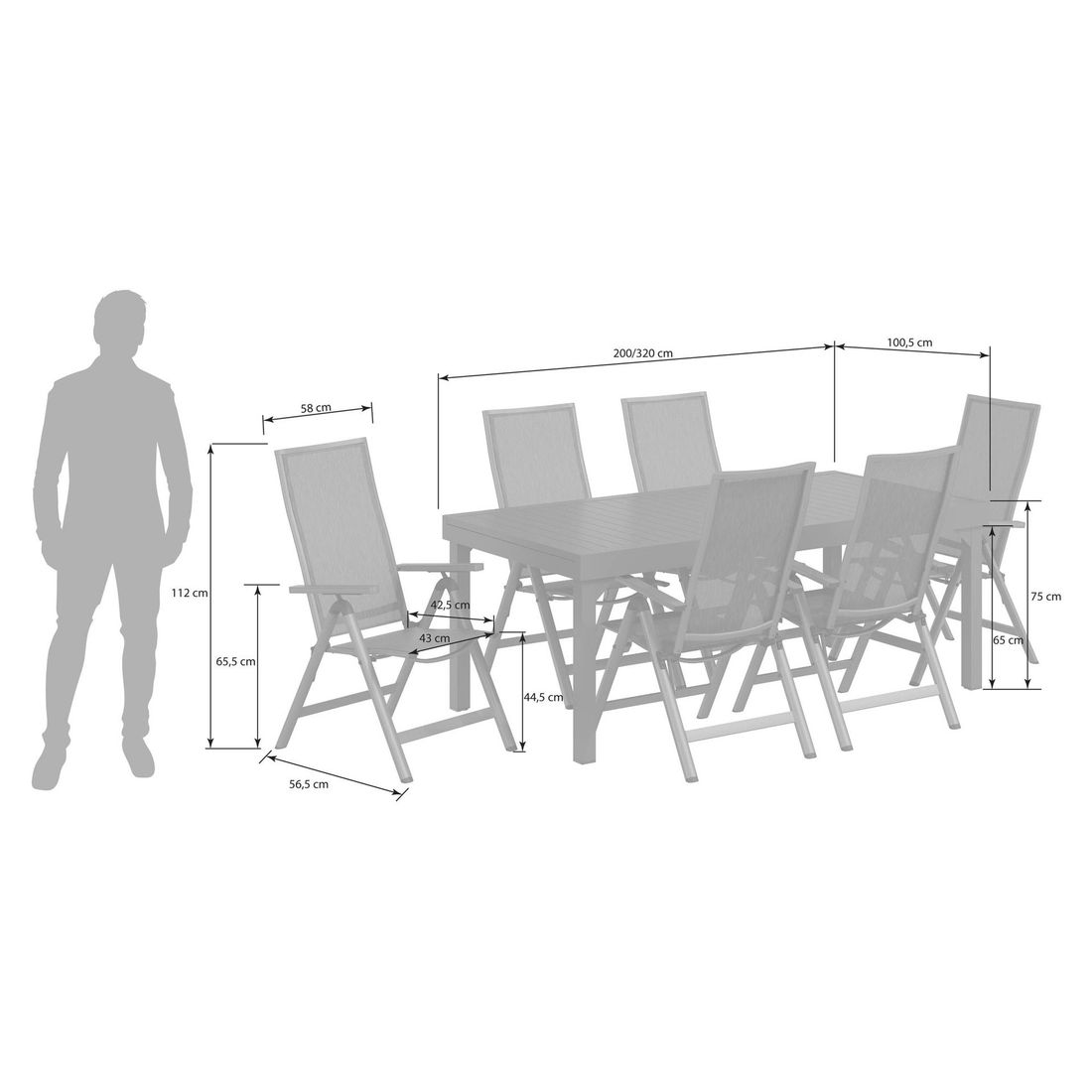 OUTLIV. Jacob Gartenmöbel-Set L verstellbar (6 Plätze) Tisch 200/320x100,5cm