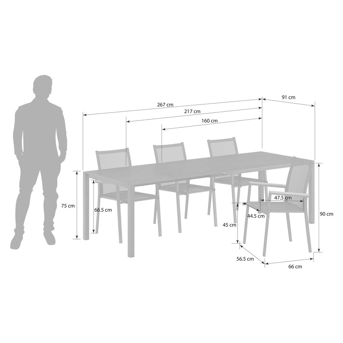 OUTLIV. Kobe Gartenmöbel-Set M (4 Plätze) Tisch 160/217/267x92cm