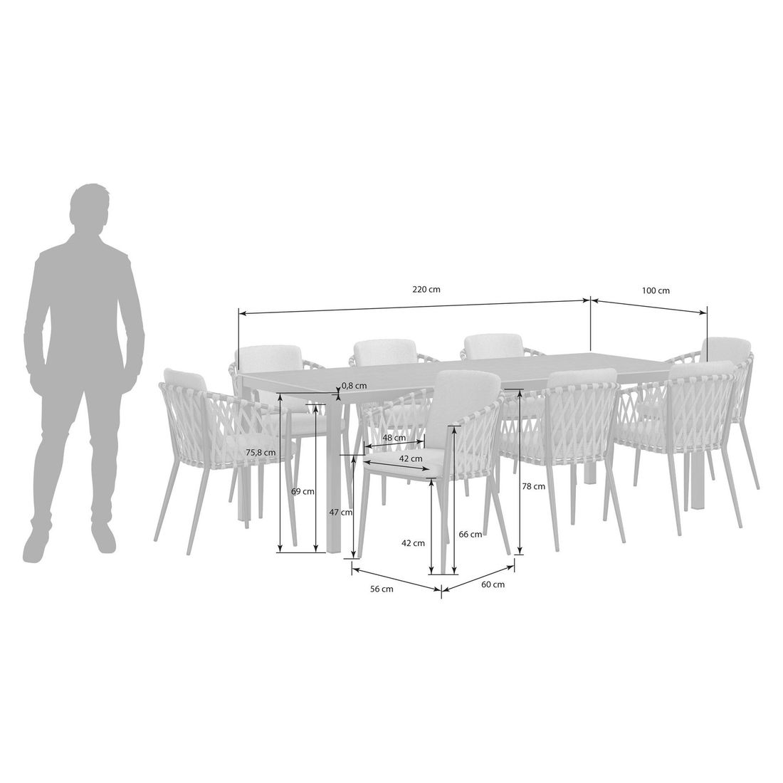 OUTLIV. Cairns Gartenmöbel-Set XL (8 Plätze) Tisch 220x100cm Aluminium/Dekton Vierfuß
