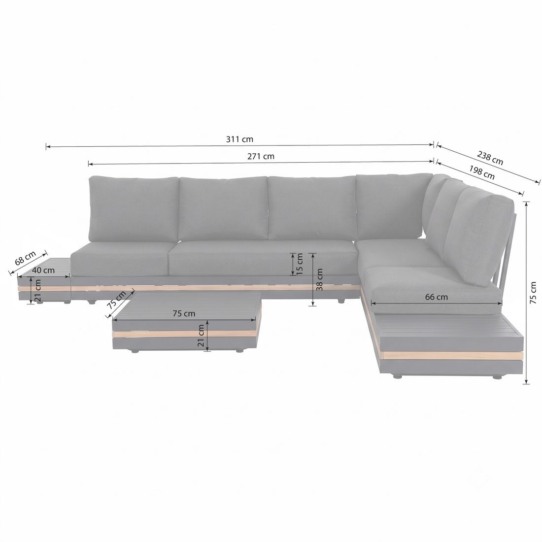 OUTLIV. Triest Ecklounge inkl. Loungetisch Aluminium/Teak/Spunpolyester