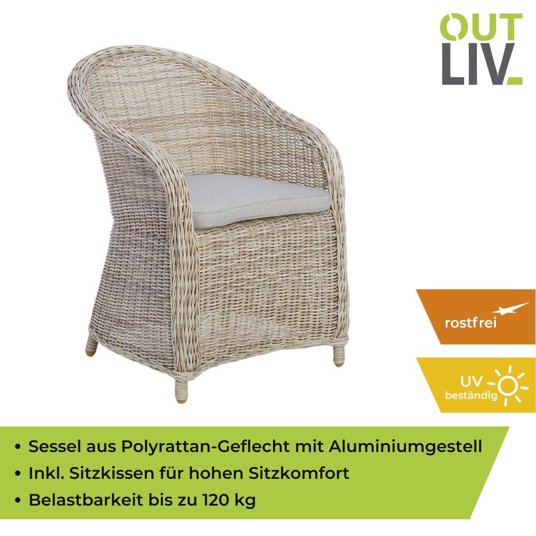 OUTLIV. Coventry Gartensessel Geflecht mit Sitzkissen