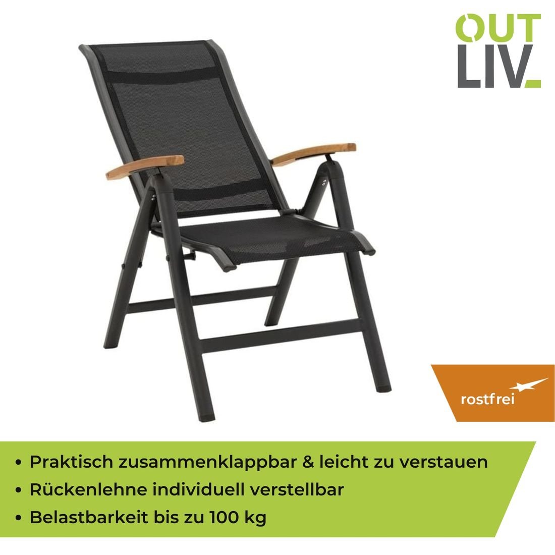 OUTLIV. Alpha Klappsessel Aluminium/Textilene Teakarmlehnen