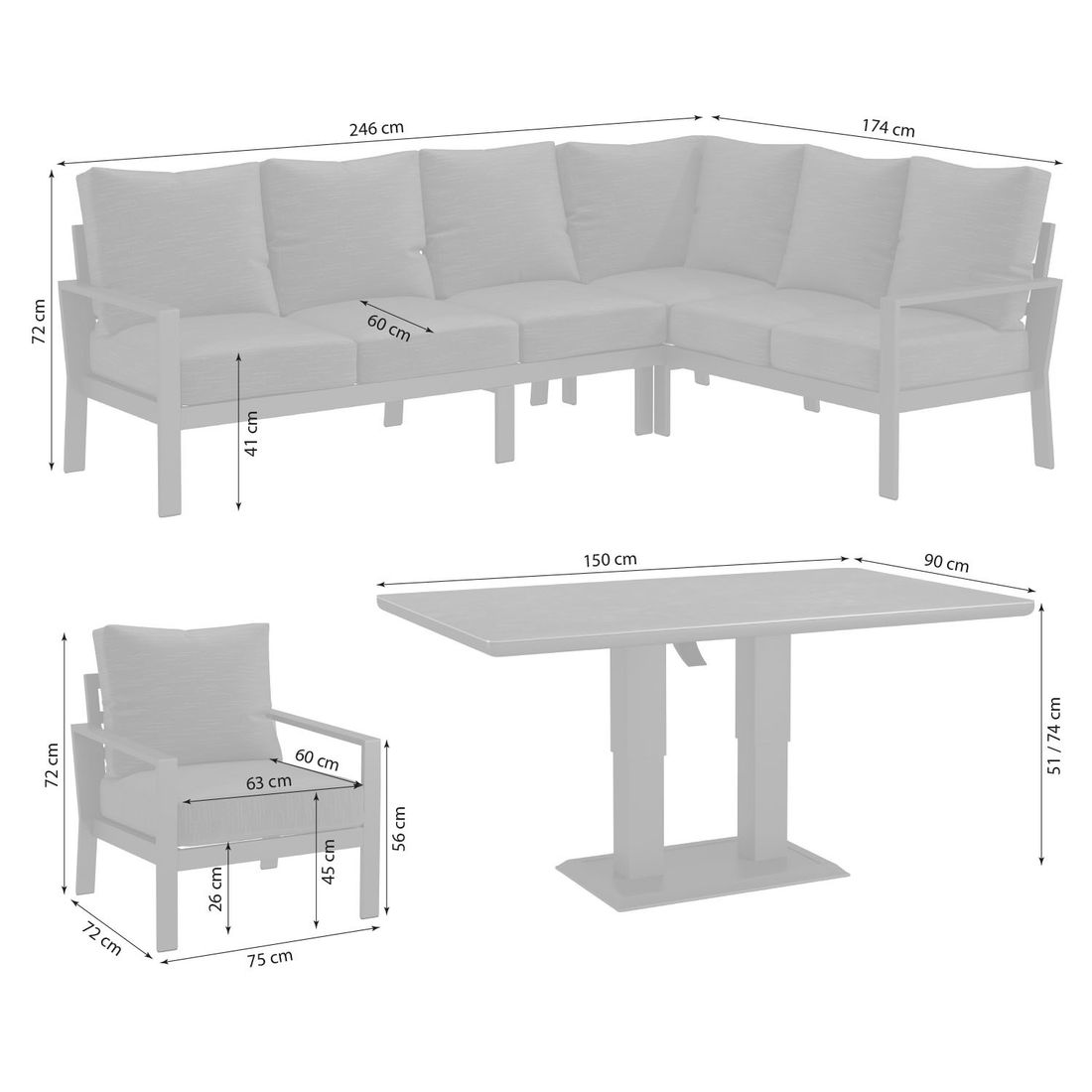 OUTLIV. Atlanta Low Dining Dininglounge Tisch 150x90cm Aluminium/Olefin