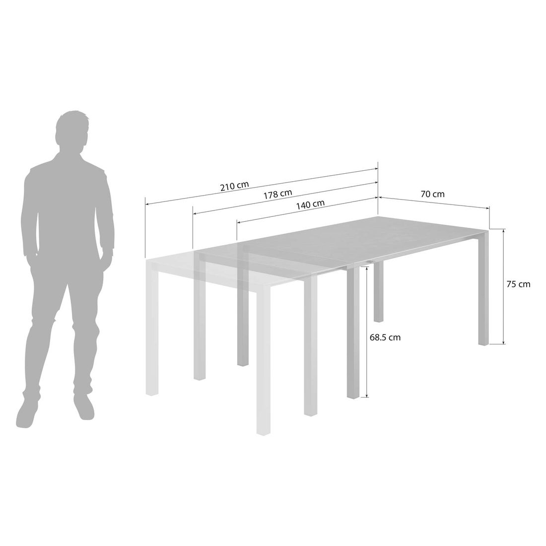 OUTLIV. Ausziehtisch 140/210x70cm Edelstahl/Glaskeramik