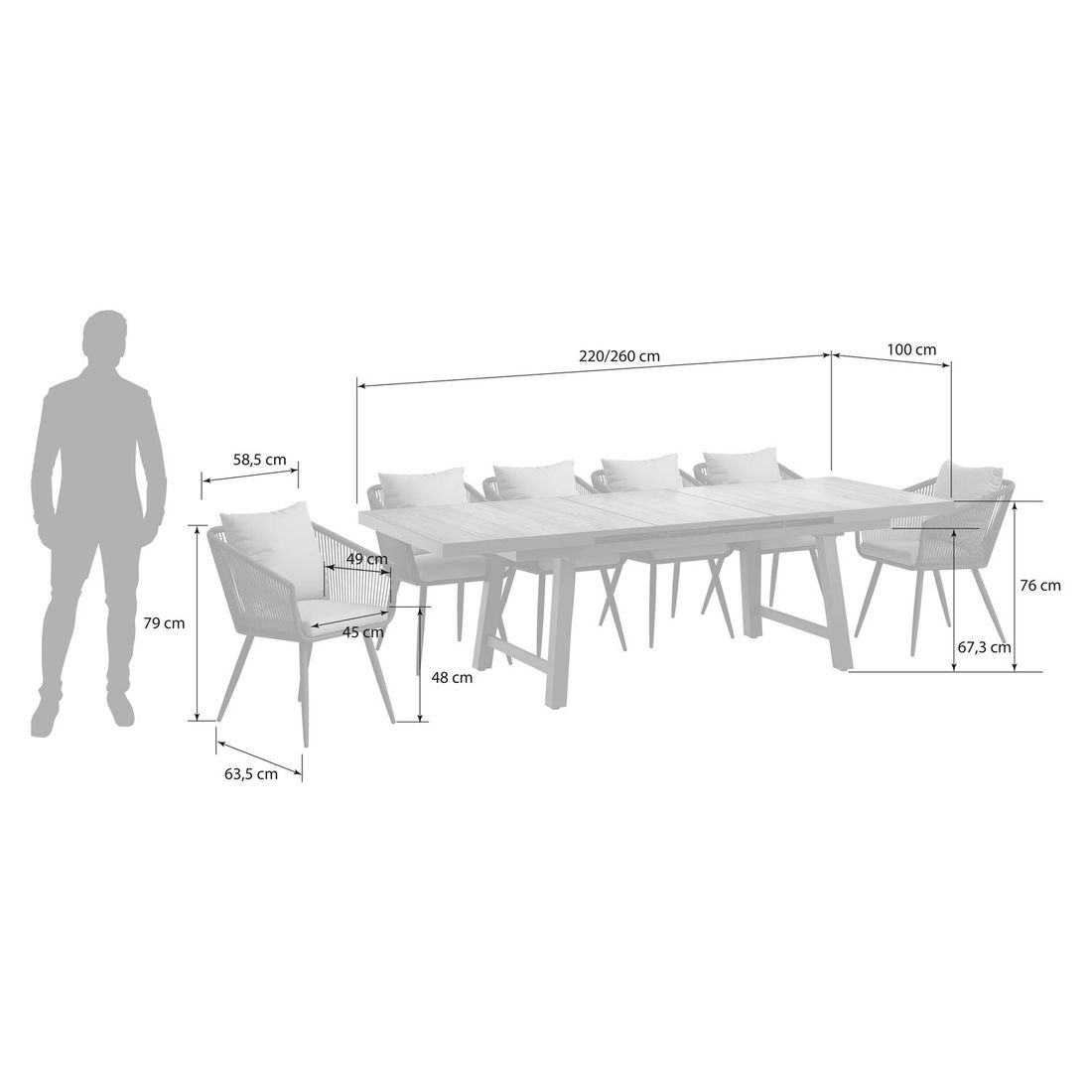 OUTLIV. Alex Gartenmöbel-Set L (6 Plätze) Tisch 200/260x100cm Vierfuß