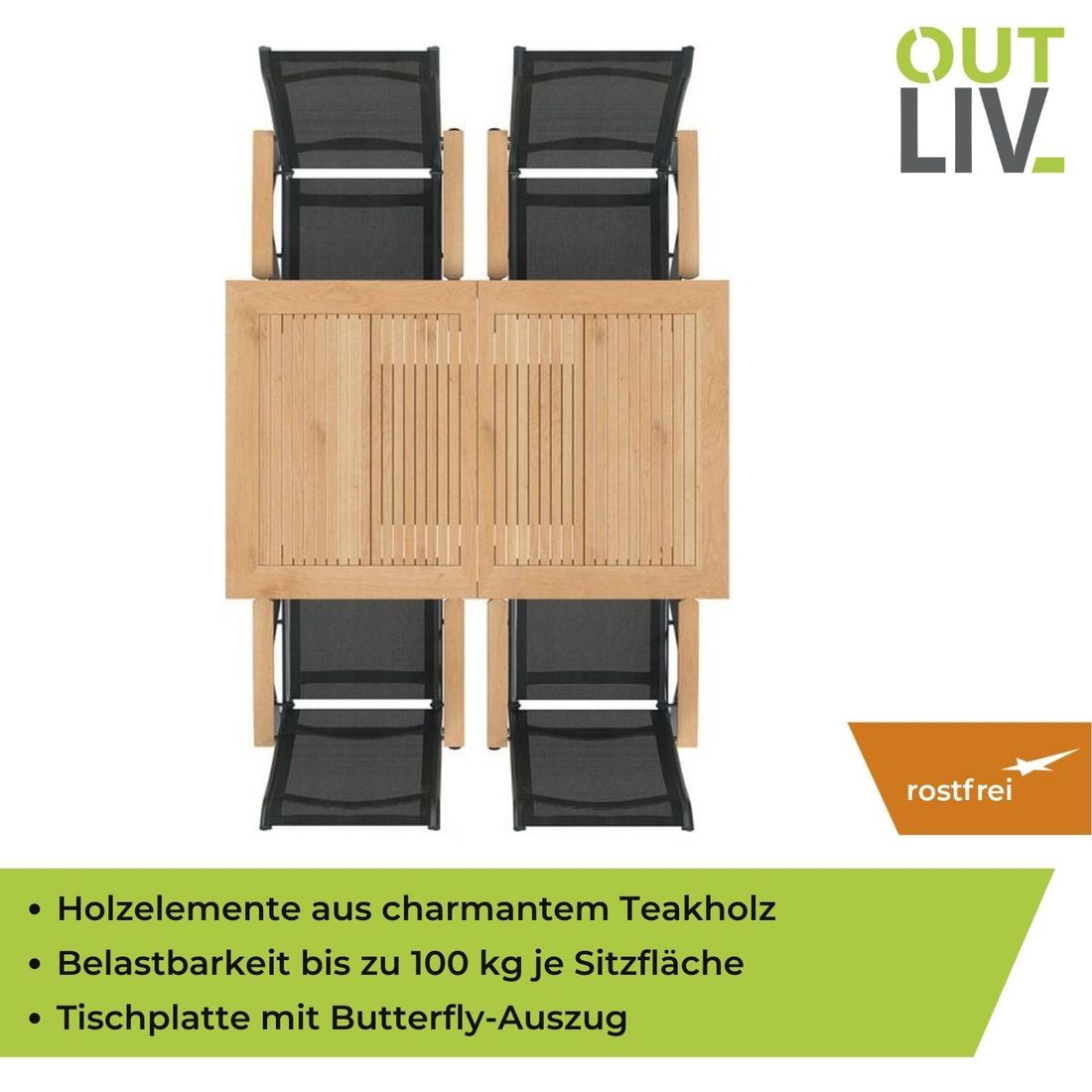 OUTLIV. Alpha Gartenmöbel-Set M verstellbar (4 Plätze) Tisch 150/210x90cm