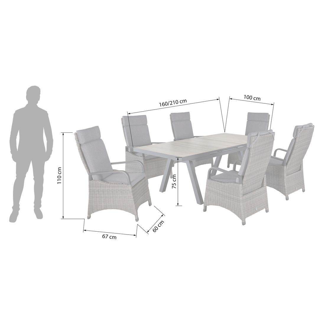 LC Garden Komido Gartenmöbel-Set L verstellbar 6 (Plätze) Tisch 160/210x100cm
