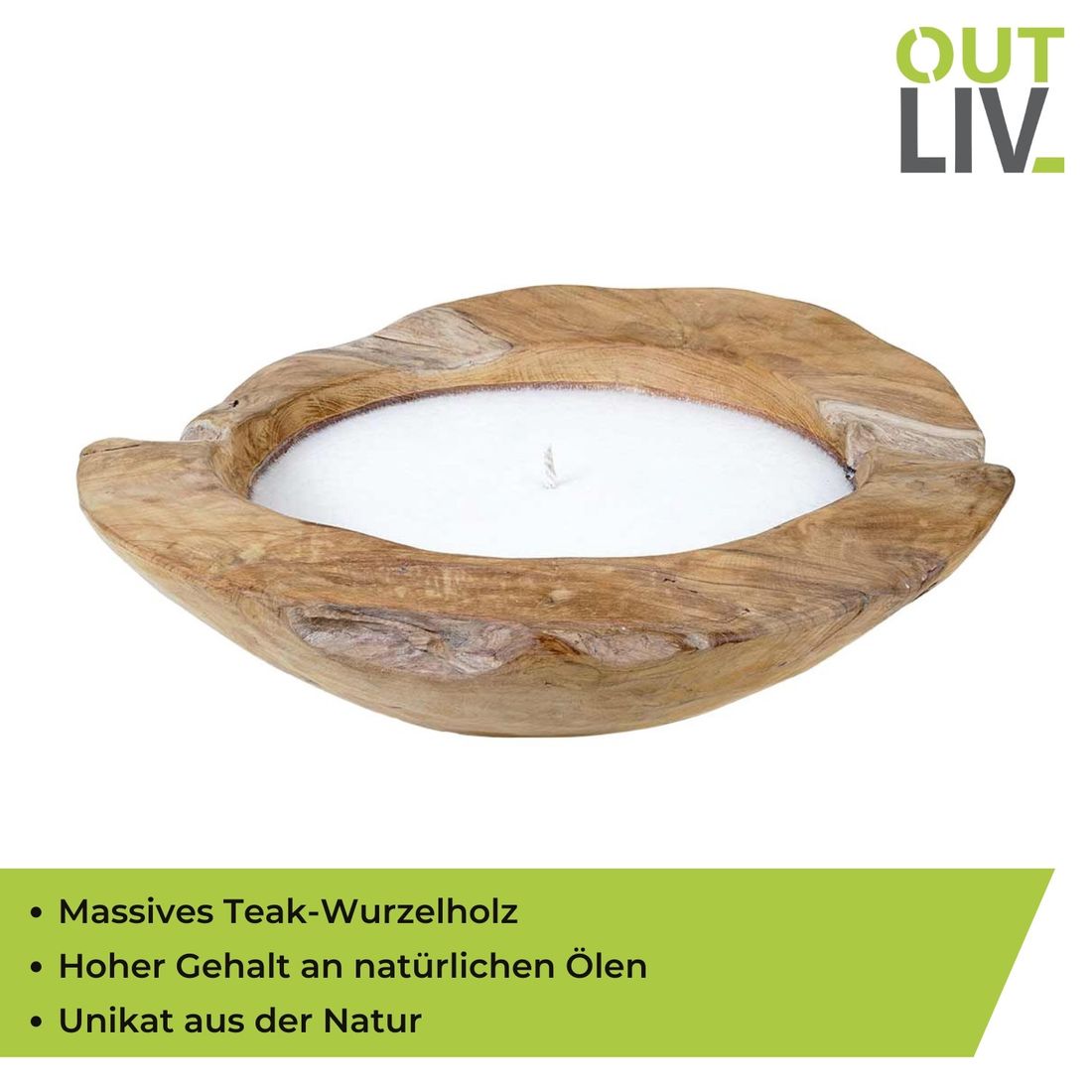 OUTLIV. Deko Kerze mit Schüssel Ø30cm Teak Wurzel