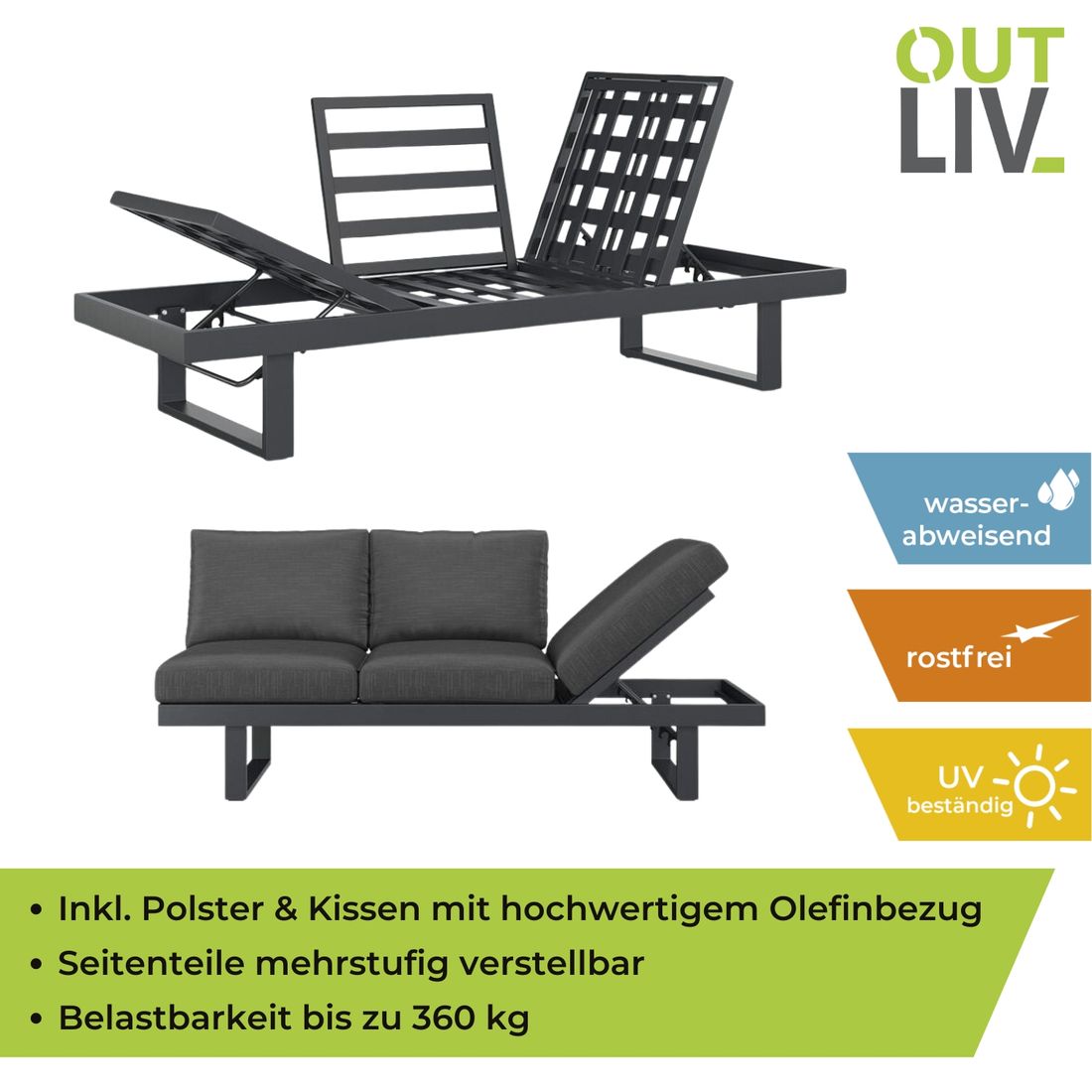 OUTLIV. Atlanta Diningsofa verstellbar Aluminium/Olefin