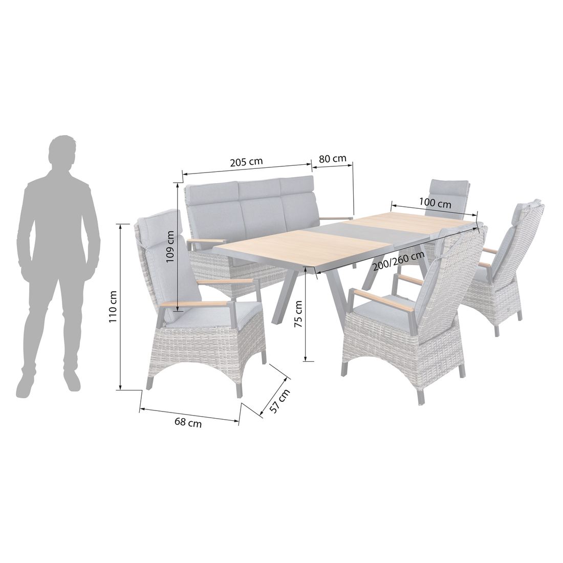 LC Garden Keramo Gartenmöbel-Set L verstellbar (7 Plätze) Tisch 200/260x100cm