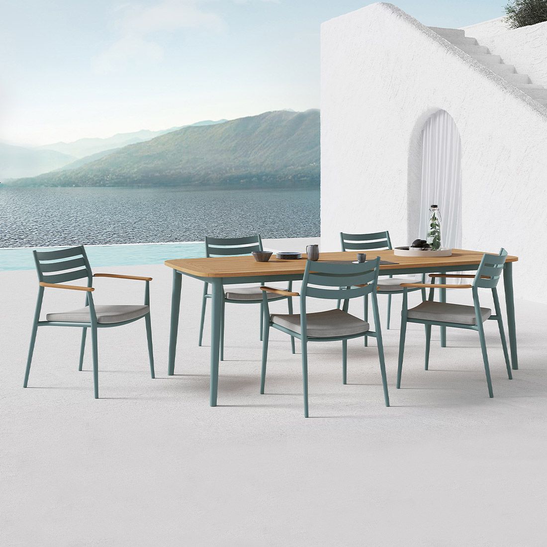 Tisch mit Pia 7-tlg. Solpuri Petrol/Natur Gartenmöbel-Set 170x100cm