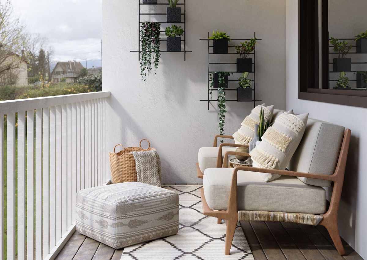 Helle Boho Lounge auf kleinem Balkon Helle Boho Lounge auf kleinem Balkon