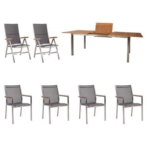 Stern Cardiff Stapel- und Klappsessel 7-teiliges Gartenmöbelset mit Ausziehtisch Granada Teak 180/240x90cm