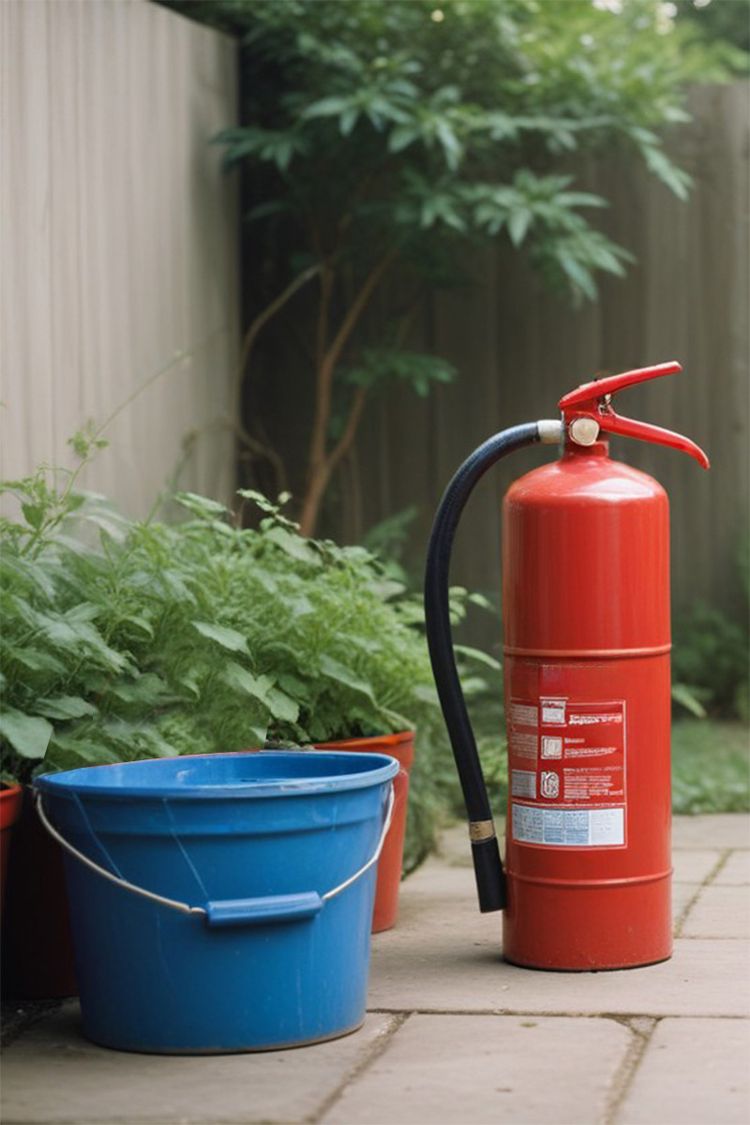 Eimer Wasser und Feuerlöscher zum Löschen von Flammen