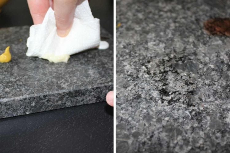 Tischplatte Granit erste Reinigung mit Rückständen